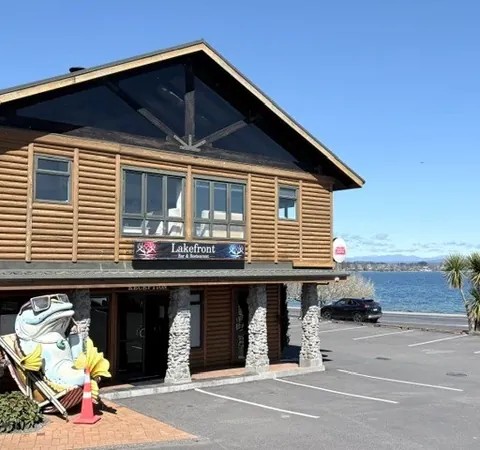 Lakefront’s timber exterior with the lake beyond